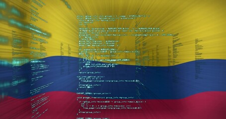 Obraz premium Displaying Colombian tricolor flag streaking across digital studio, with overlaid teal source code