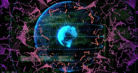 Obraz premium Rotating blue point-cloud globe pulsing in digital display, showing orange nodes and magenta mesh