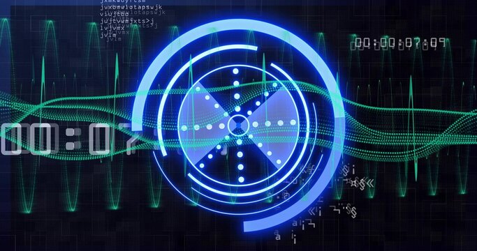 Displaying central blue HUD rotating on dark grid, with neon-green waveform and code, timestamps