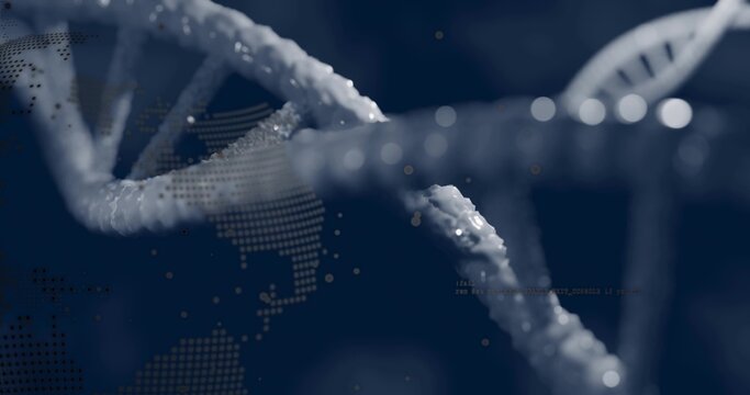 Displaying DNA double helix with bead droplets at center in biotech graphic, dotted globe and code