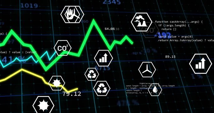 Displaying bright green line graph on dashboard, showing CO2, recycling icons, numeric marks