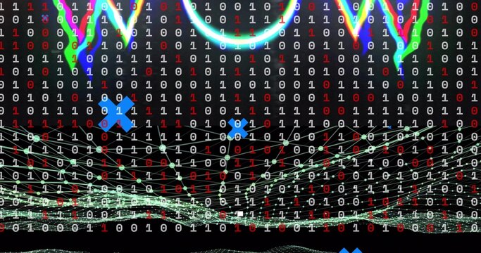 Streaming binary digits and network mesh forming pulsing grid on virtual display, with cyan ring