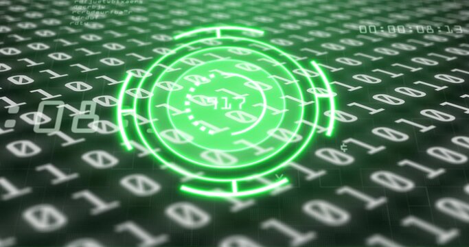 Hovering neon green HUD reticle scanning over binary plane, with timestamp overlay