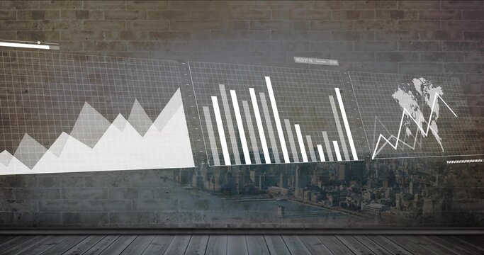 Live data feed updating area, bar, map-line charts projecting on brick wall for business insight