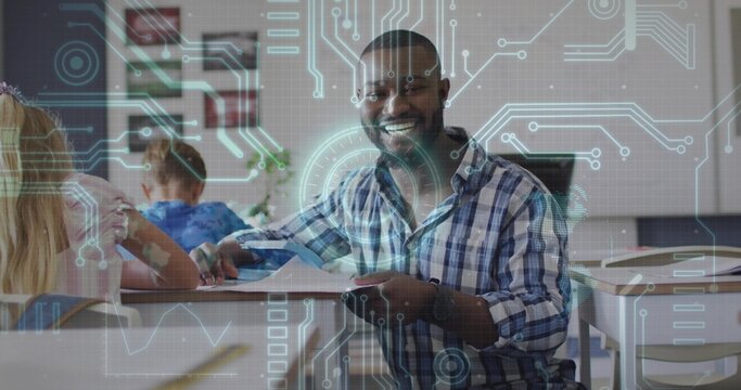 Smiling teacher in blue shirt holding paper and phone guiding students in class with tech overlay