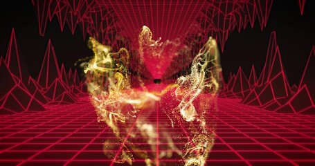 Swirling golden particle plume streaming forward in virtual tunnel, with red wireframe grid floor © vectorfusionart