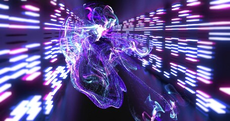 Glowing particle cloud pulsing and gliding through neon data tunnel, with parallel light bars © vectorfusionart