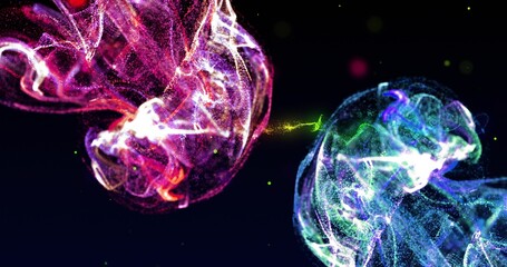 Fototapeta premium Floating magenta and cyan particle clouds flowing in deep black void, with green filament sparks