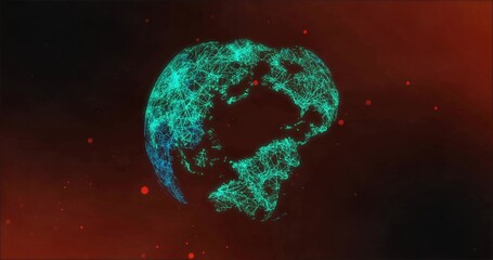 Fototapeta premium Floating wireframe globe showing Western Hemisphere network against dark crimson field, red dots