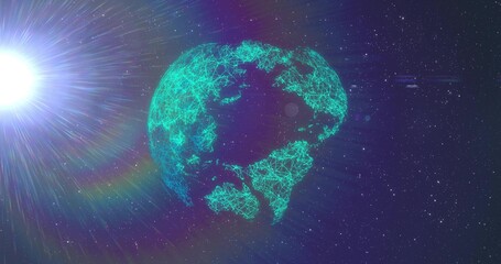 Fototapeta premium Glowing teal wireframe globe with nodes and lines rotating in space, displaying bright star halo