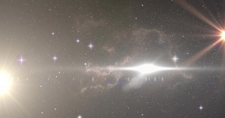 Fototapeta premium Displaying central elongated nebula glowing across deep space, with lens-flare stars and dust lanes