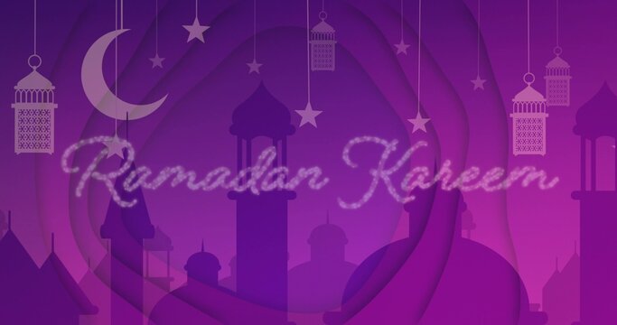Glowing central cursive Ramadan Kareem text floating on Ramadan card night sky, with domes, moon