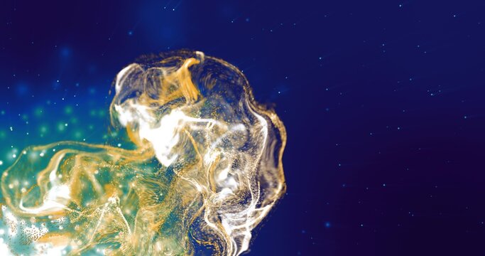 Swirling luminous particle cloud moving in space scene, showing gold filaments and greenish glow