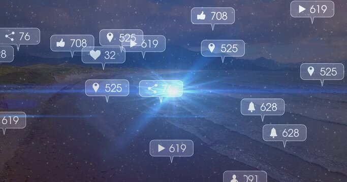 Glowing notification bubbles floating on beach at night, showing numeric badges and blue burst