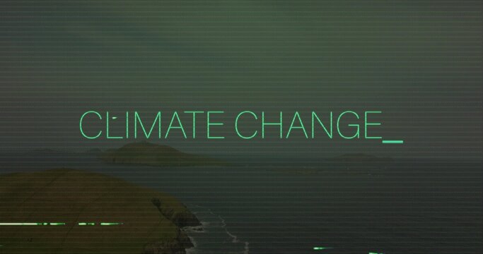 Showing neon CLIMATE CHANGE_ text dominating rocky coast with scanline glitches and distant island