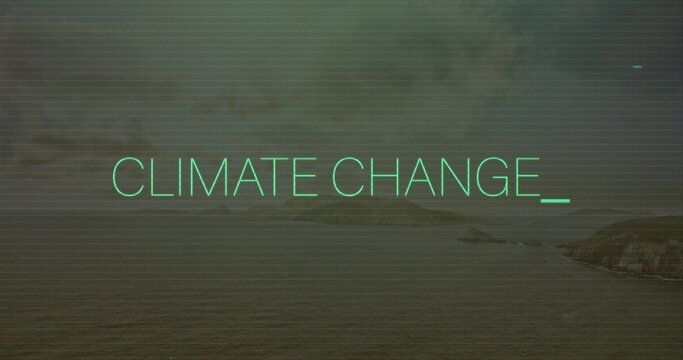 Displaying neon-green CLIMATE CHANGE_ text blinking underscore over coast with scanline glitch