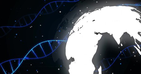 Fototapeta premium Starting white Earth silhouette rotating at right on startup, highlighting DNA strands, copy space