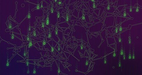 Animating node network reacting to green digits emerging on purple data canvas, with polygonal mesh © vectorfusionart