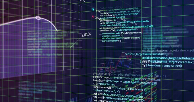Streaming data display shifting in virtual dashboard, showing 3D grid, purple cube, code, 2