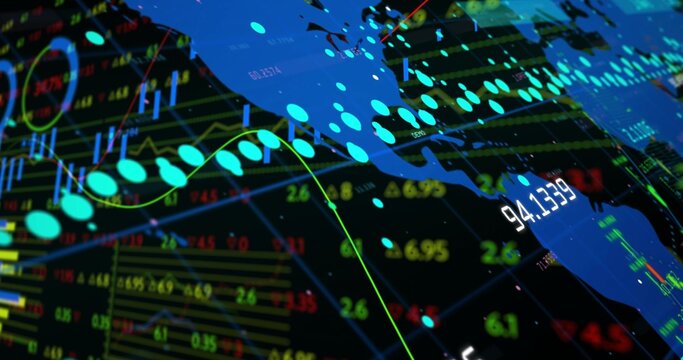Showing blue map silhouette on virtual dashboard displaying 94