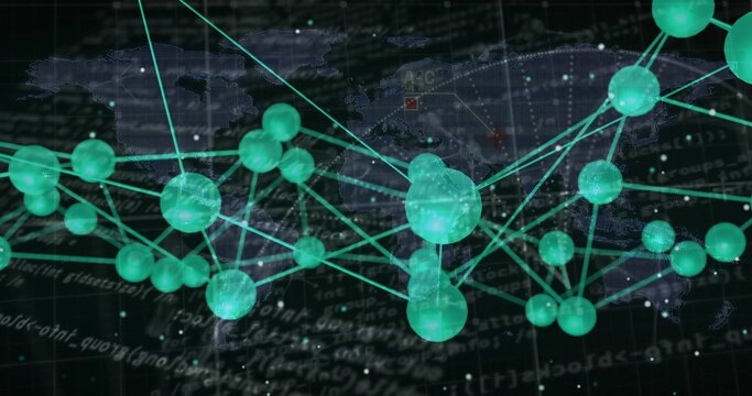 Floating linked turquoise spherical nodes glowing along lines above dark grid, with scrolling code
