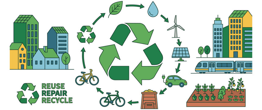Sustainable city life cycle with reuse repair recycle concept illustration.