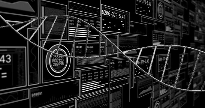 Receiving live data, analytics dashboard moving 3D DNA helix across wall, displaying genomic data