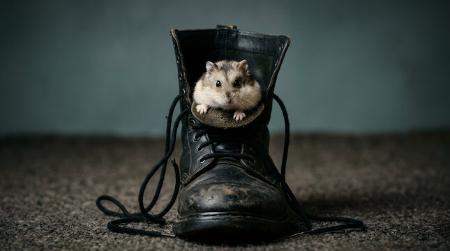 Cute Dwarf Hamster Peeking Out from an Old Leather Boot, Funny Pet Concept