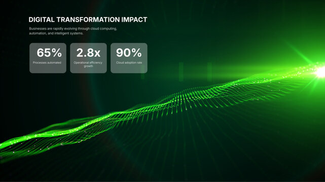 Futuristic green wave vector background with glowing particles and grid. Big data visualization, AI concept, data processing. Perfect for cybersecurity, blockchain tech presentation. Neon digital flow