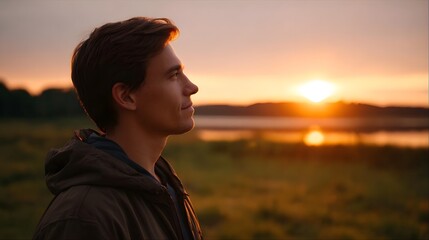 Fototapeta premium A young person gazing peacefully at the golden sunset over a calm body of water capturing a moment of natural reflection