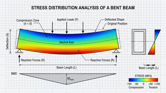 Stress distribution analysis of a bent beam with labels for applied loads and reaction forces in a technical drawing format
