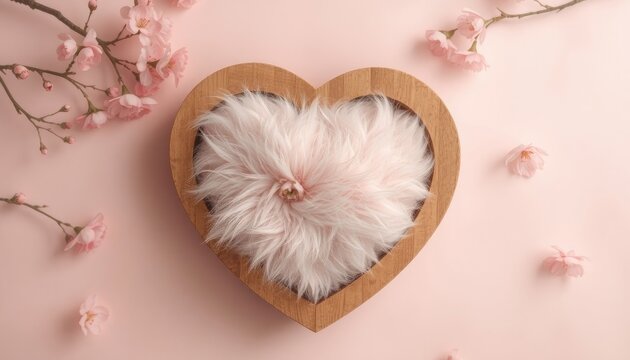 A delicate wooden heart prop filled with fluffy pink softness and adorned with spring blossoms for newborn photoshoots