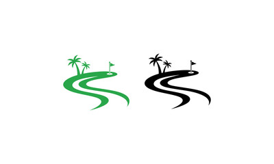 Obraz premium Tropical golf course landscape with palm trees and flag.
