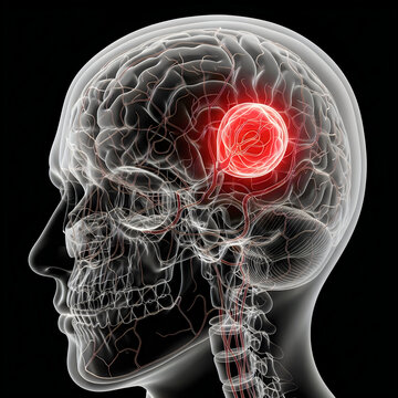 Human skull and brain anatomy with glowing red cerebral aneurysm for medical education and neurology