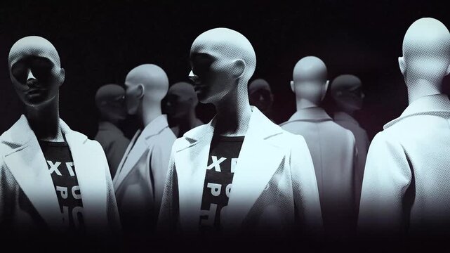 A group of faceless mannequins spinning on an endless loop in a stop motion style.
