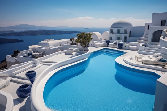 Santorini island resort showcasing an infinity pool, white architecture, and clear aegean sea caldera vista