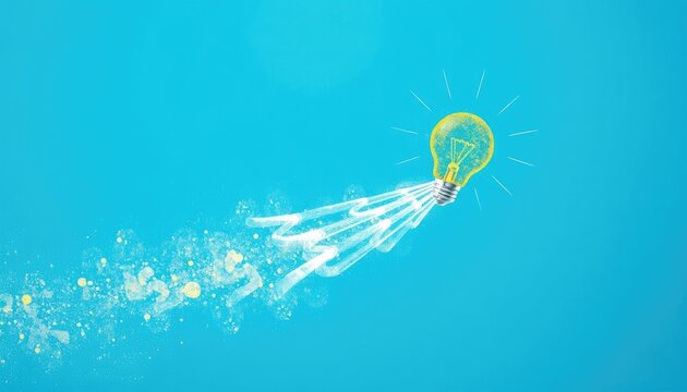 A bright lightbulb streaks across a blue background leaving a trail of energetic sparks, perfect for showcasing innovation and creativity in presentations and projects.