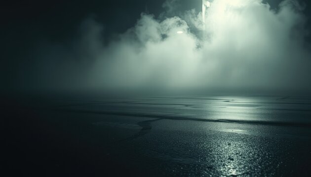 Mysterious atmospheric mist flowing over wet pavement, ideal for intros, event themes, and dramatic scenes