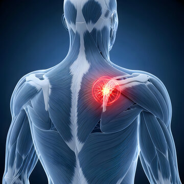 Human back anatomy showing muscular structure with a glowing red trigger point for physical therapy and massage