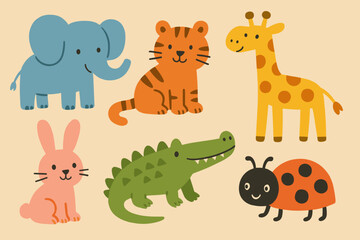 Obraz premium Cute hand drawn safari animal set featuring elephant, lion, crocodile and giraffe with flowers, leaves and abstract shapes on beige background, flat nursery style illustration.