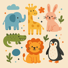 Fototapeta premium Cute hand drawn safari animal set featuring elephant, lion, crocodile and giraffe with flowers, leaves and abstract shapes on beige background, flat nursery style illustration.