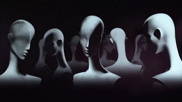 A group of faceless mannequins spinning on an endless loop in a stop motion style.
