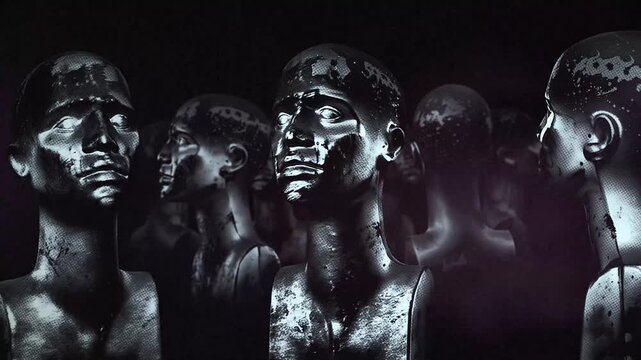 A group of faceless mannequins spinning on an endless loop in a stop motion style.
