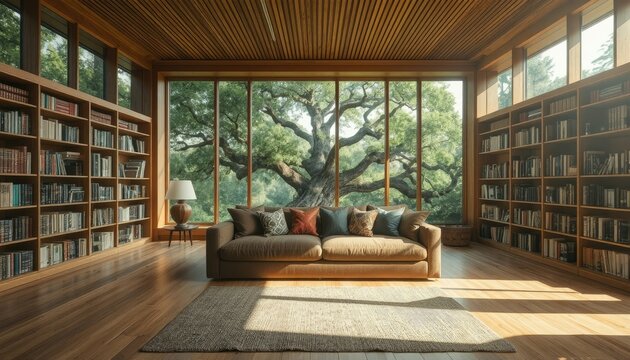 Cozy library nook with a comfortable sofa and extensive bookshelves overlooking a majestic ancient tree