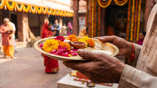 Devotee Holds Offering Plate During Hindu Religious Ceremony