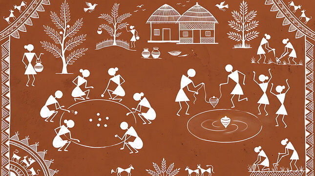 Minimalist Warli Wall Art Joyful Children Playing Marbles and Tops in Tribal Design, Traditional Indian folk pattern, Warli painting, Ancient Indian art