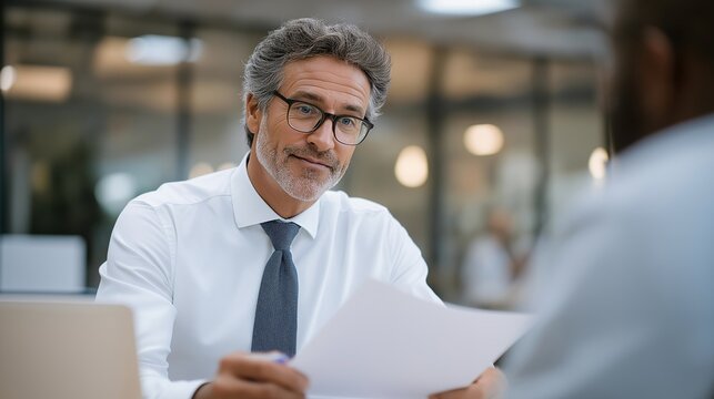 Elderly mentor reviewing term sheet documents with first time founder at sterile white background desk, explaining equity dilution implications during seed round negotiation preparation session,