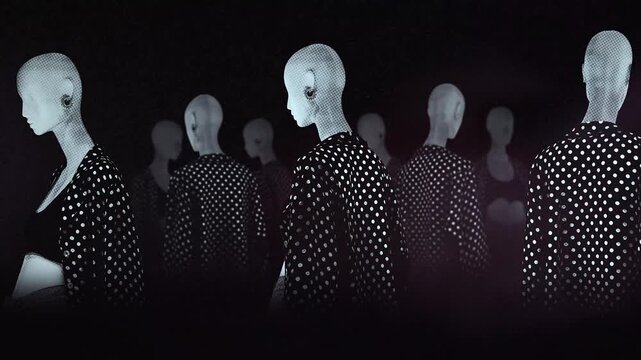 A group of faceless mannequins spinning on an endless loop in a stop motion style.
