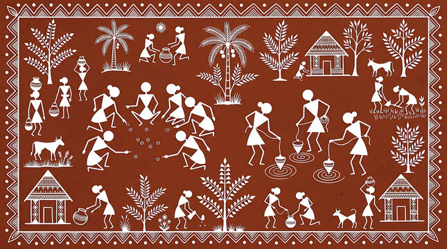 Ancient Tribal Illustration Traditional Toys and Playful Village Life in White and Brown, Traditional Indian folk pattern, Warli painting, Ancient Indian art
