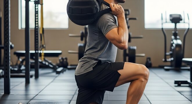 Man Performing Weighted Lunges with Sandbag in Gym